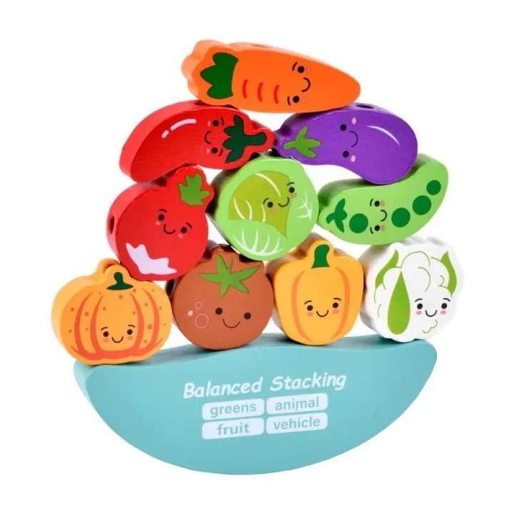 Joc de insiruire, carduri de asociere si joc de echilibru, Montessori din lemn, Legume, E-Toy®