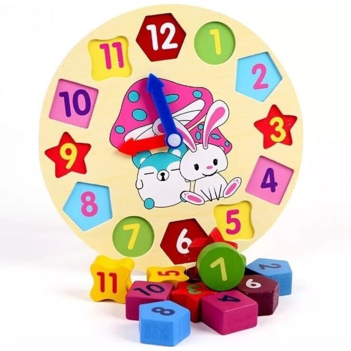 Ceas din lemn cu 12 piese detasabile, Montessori, E-Toy