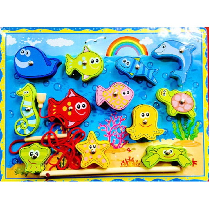 Joc de pescuit cu magnet, snuruit, puzzle incastru, Montessori, din lemn, 3 in 1, 3 ani+