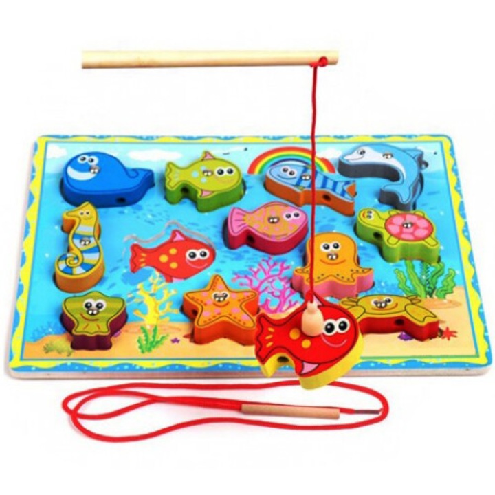Joc de pescuit magnetic din lemn, snuruit, puzzle incastru, E-Toy®
