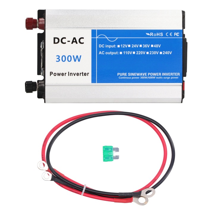 Инвертор на мощност с чиста синусоида 300W Пик 600W за кола RV камион лодка слънчева система с USB порт 5V 2.1A AC220V към DC