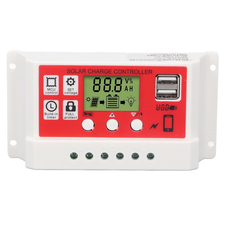 Controler de incarcare solara PWM Baterie litiu, Regulator de incarcare fotovoltaica Afisaj LCD 12V/24V10A