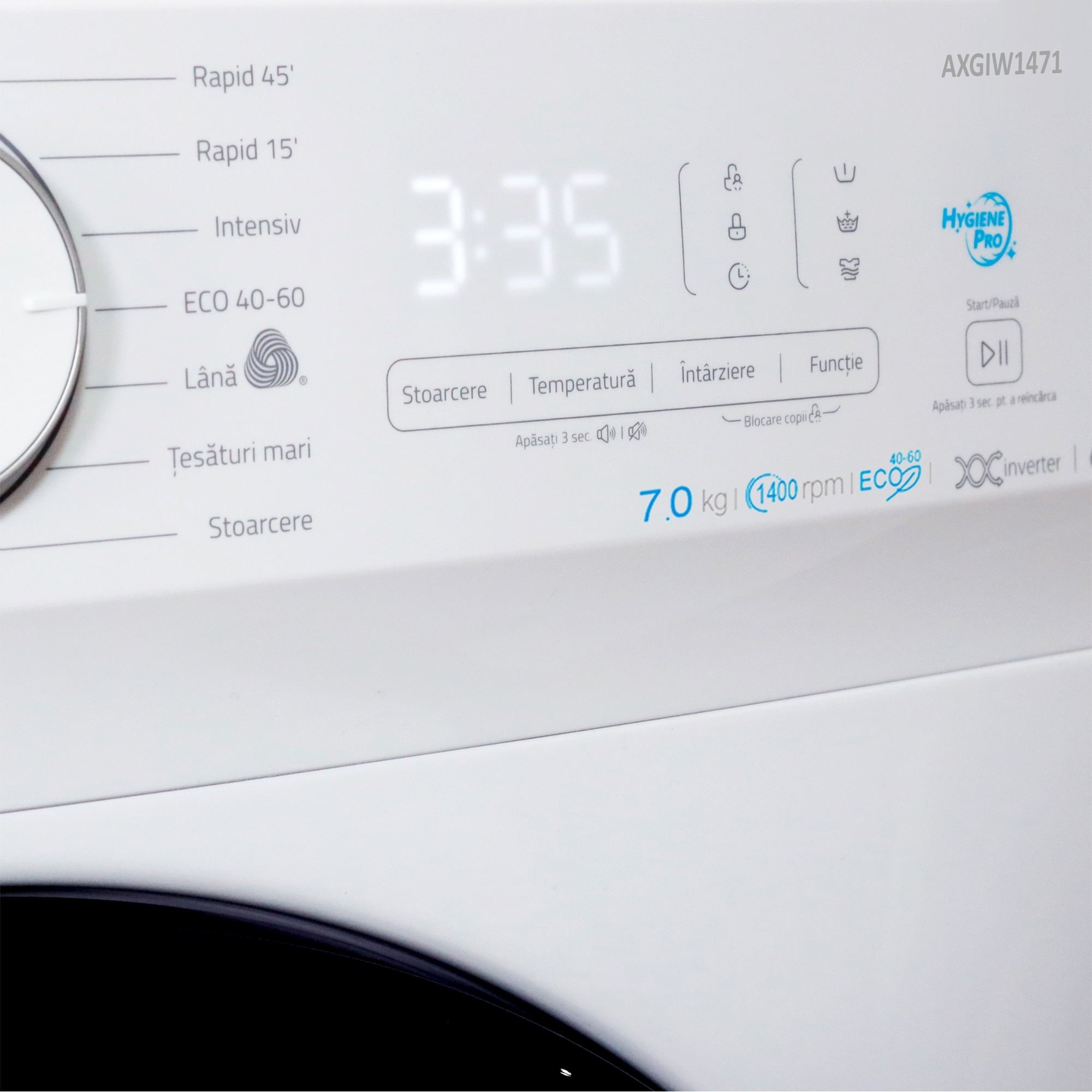 Masina de spalat rufe Albalux AXGIW1471, 7 kg, 1400 Rotatii, Motor Inverter, Clasa energetica B, 16 Programe, Functie Hygiene Pro, Termostat reglabil, Spalare cu aburi, Alb/Negru