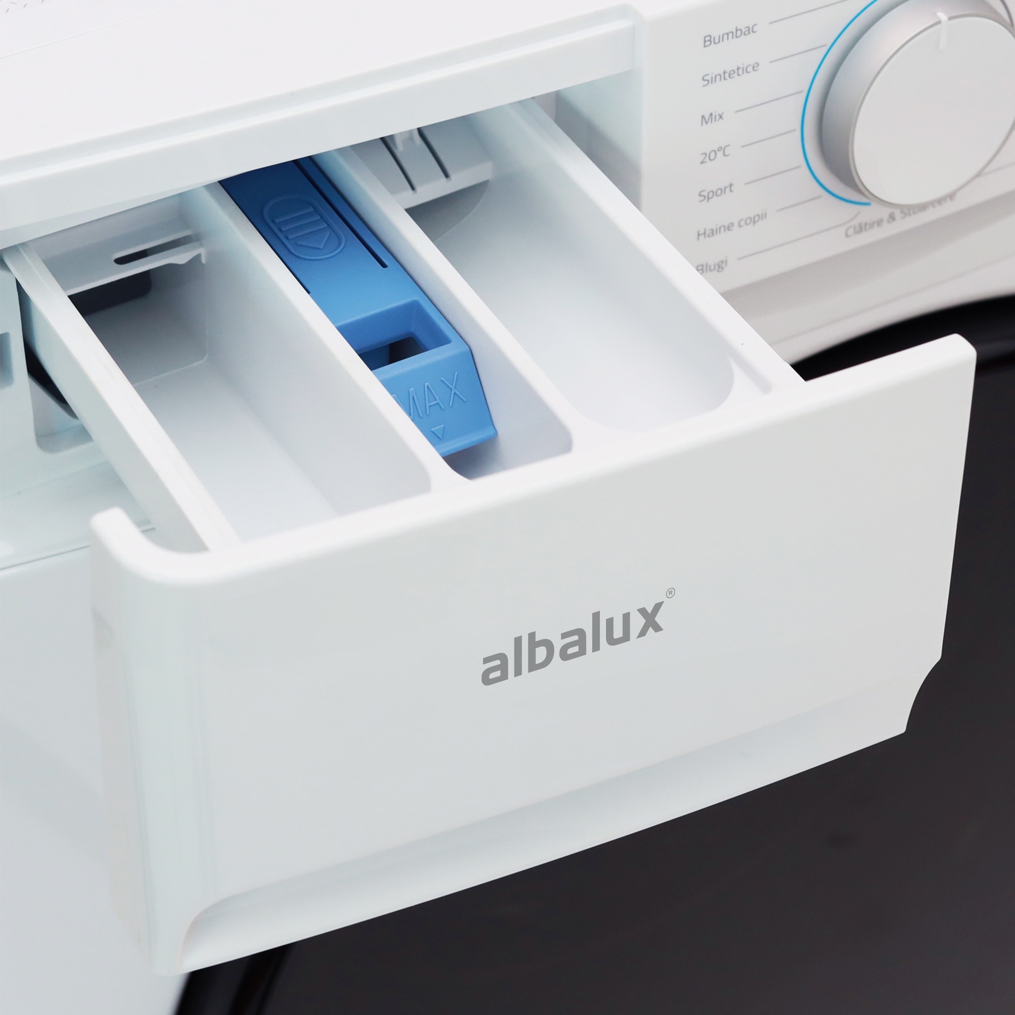Masina de spalat rufe Albalux AXGIW1471, 7 kg, 1400 Rotatii, Motor Inverter, Clasa energetica B, 16 Programe, Functie Hygiene Pro, Termostat reglabil, Spalare cu aburi, Alb/Negru