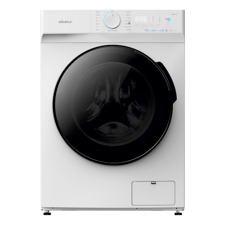Пералня Albalux AXGIW1471, 7 кг, 1400 оборота, инверторен мотор, енергиен клас B, 16 програми, функция Hygiene Pro, регулируем термостат, пране с пара, бяло/черно