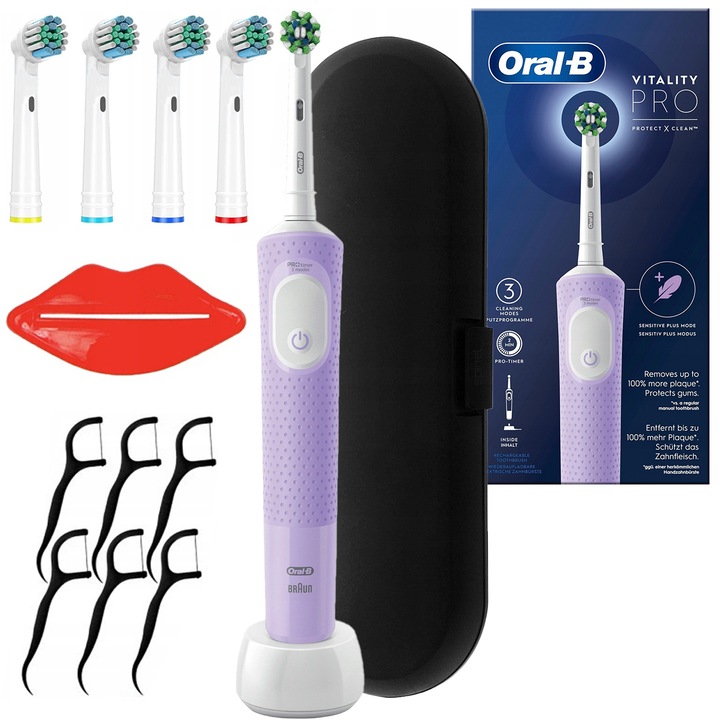 Oral-B Vitality Pro D103 Lilac Violet elektromos fogkefe + 4 csere fogkefehegy + fekete tok + tartozékok