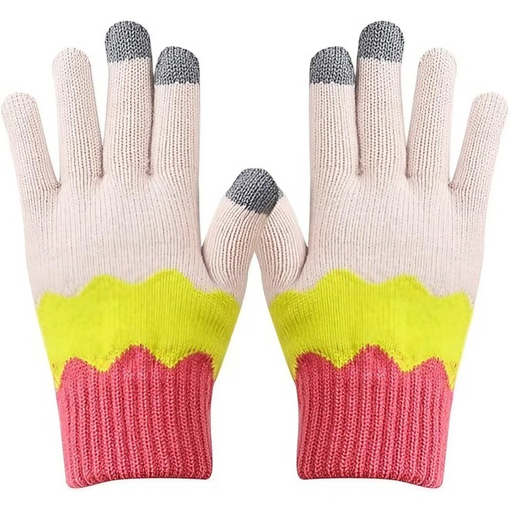 Manusi de Dama, Flippy, Model Ondulat, Functie Touchscreen (ecran tactil), Material Acril Tricotat, Manseta Elastica, Interior Catifelat, Marime Universala, Galben/Roz