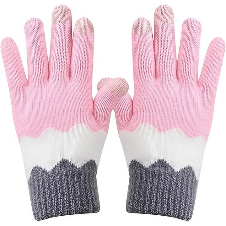 Manusi de Dama, Flippy, Model Ondulat, Functie Touchscreen (ecran tactil), Material Acril Tricotat, Manseta Elastica, Interior Catifelat, Marime Universala, Roz/Gri