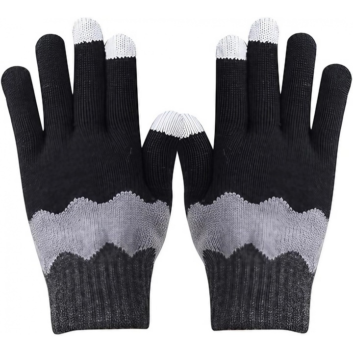 Manusi de Dama, Model Ondulat, Functie Touchscreen (ecran tactil), Material Acril Tricotat, Manseta Elastica, Interior Catifelat, Marime Universala, Negru/Gri