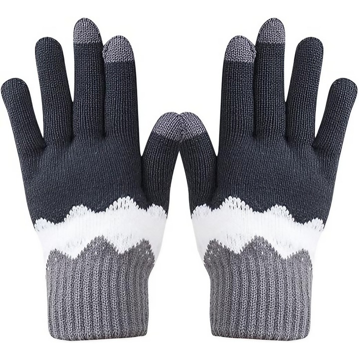 Manusi de Dama, Flippy, Model Ondulat, Functie Touchscreen (ecran tactil), Material Acril Tricotat, Manseta Elastica, Interior Catifelat, Marime Universala, Gri/Alb