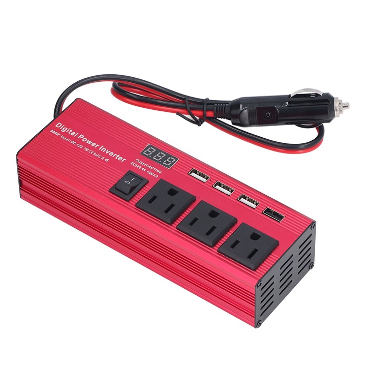 Jormftte 300 W-os autós inverter, 3 hálózati aljzat, 4 USB port, 12V-110V, alumínium ház