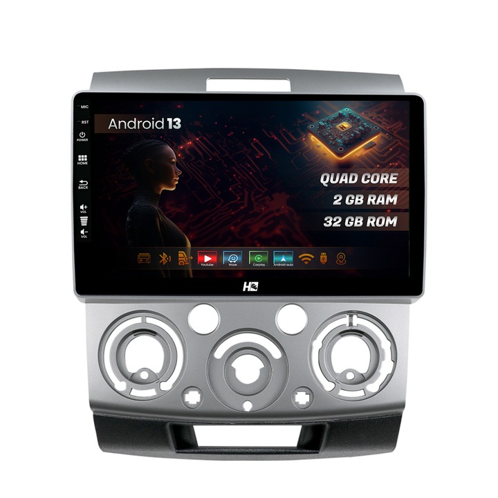 Navigáció HUB64 Ford Ranger, Mazda BT50 (2007-2012), 2GB RAM, Android 13, GPS, Wi-Fi, Carplay, Android Auto, USB, Bluetooth, Rádió, Waze, Érintőképernyő, 9 hüvelyk