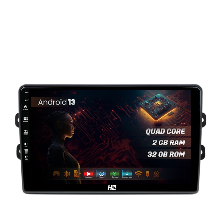 Navigatie HUB64 Dacia, Renault, 2GB RAM, Android 13, GPS, Wi-FI, Carplay, Android Auto, USB, Bluetooth, Radio, Waze, Touchscreen, 9 inch