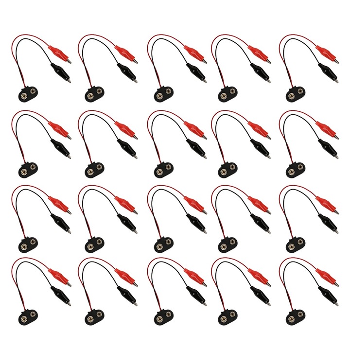 Set 20 conectori baterie cu clema crocodil, Enforose, 9V, 15cm lungime