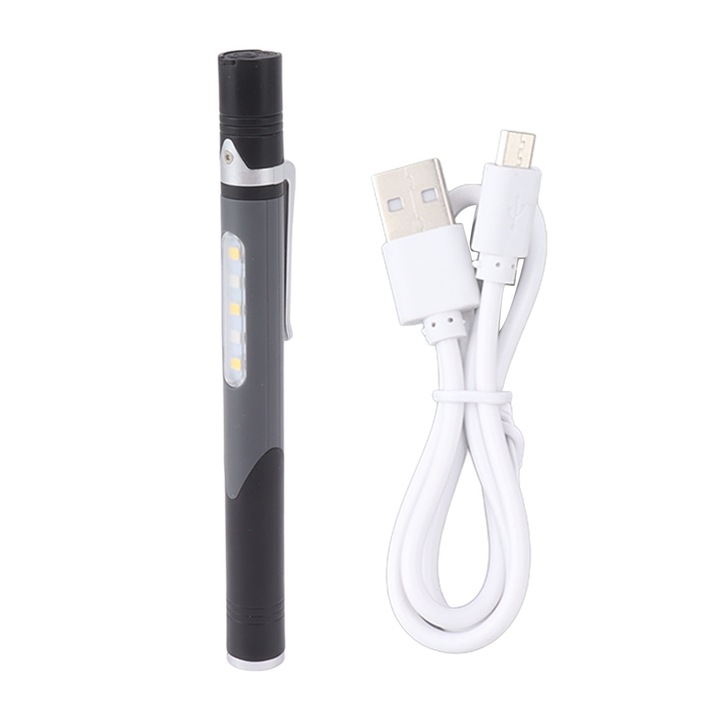 LED фенерче с писалка, Bizaical, USB презареждаемо, 3 режима на светене, Сив, 148 mm