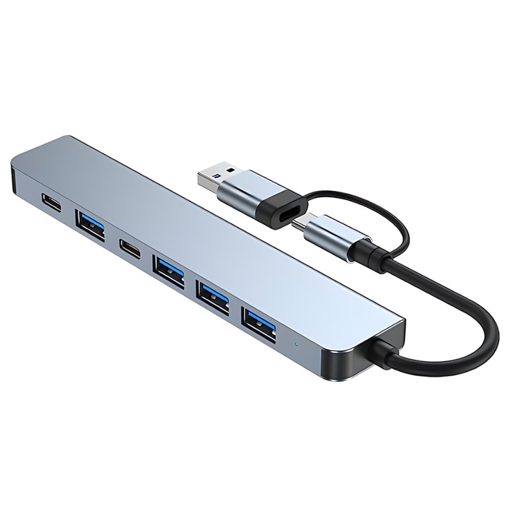 JOZY® multiport HUB адаптер, 7 в 1, синхронизация на данни, ергономичен дизайн, лек и преносим, сребрист модел