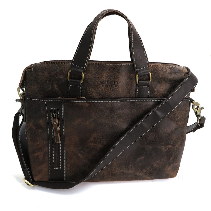 Geanta laptop 15,6" Wild Tiger, piele nubuc, stil vintage, culoare maro