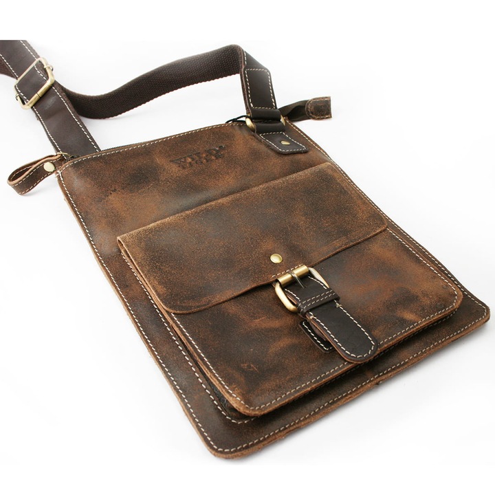 Wild Tiger férfi táska, természetes vintage bőr, fő rekesz cipzárral, barna színű