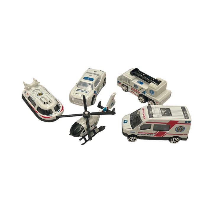 Set jucarii de colectie cu 5 masini pentru interventie Super Power, metal si plastic, scara 1:64, alb