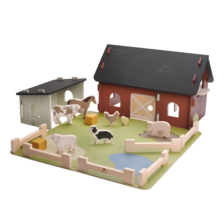 Ferma din lemn cu animale Micki, 7 animale, 2 baloti de fan, 30x45cm, multicolor