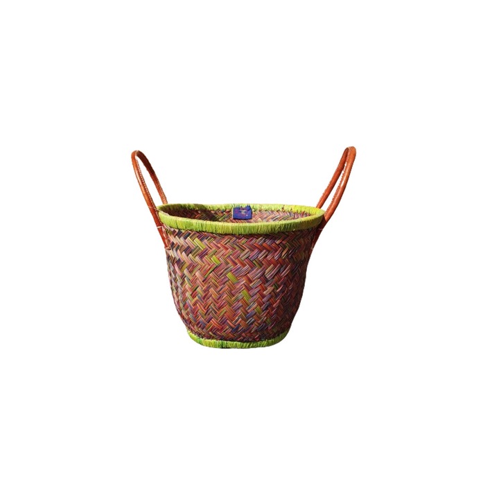 Кръгла кошница, червено/зелена, от 100% естествени влакна и кожени дръжки, 29x22 см