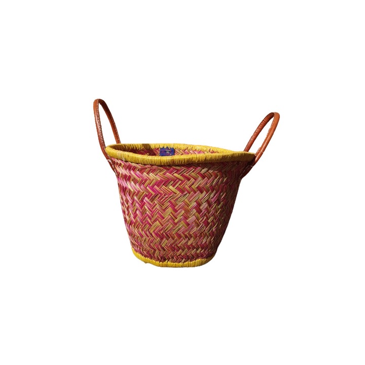 Cos rotund, roz/galben, din 100% fibre naturale si manere din piele, 29x22 cm