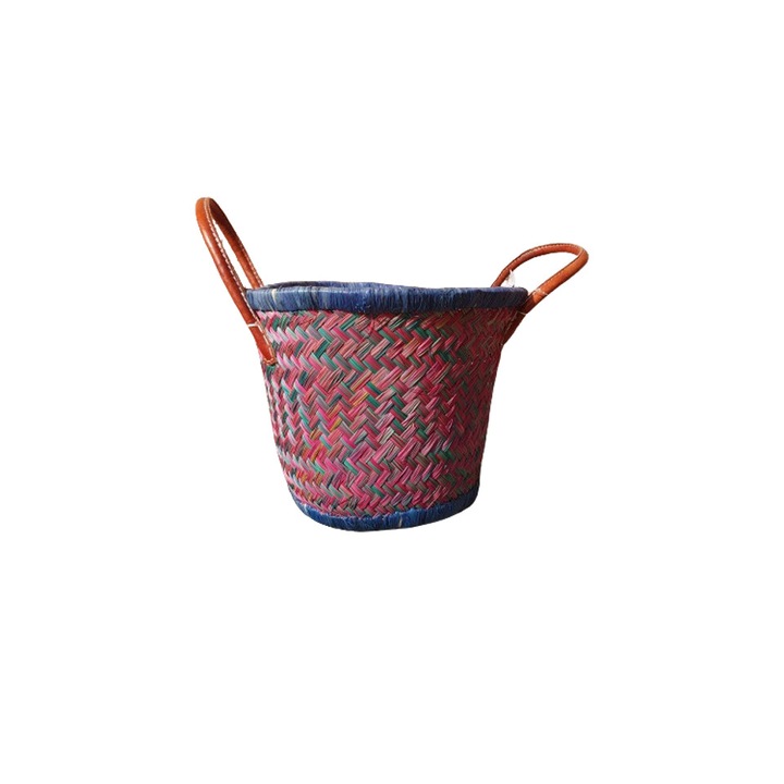 Кръгла кошница, розово/синя, от 100% естествени влакна и кожени дръжки, 29x22 см