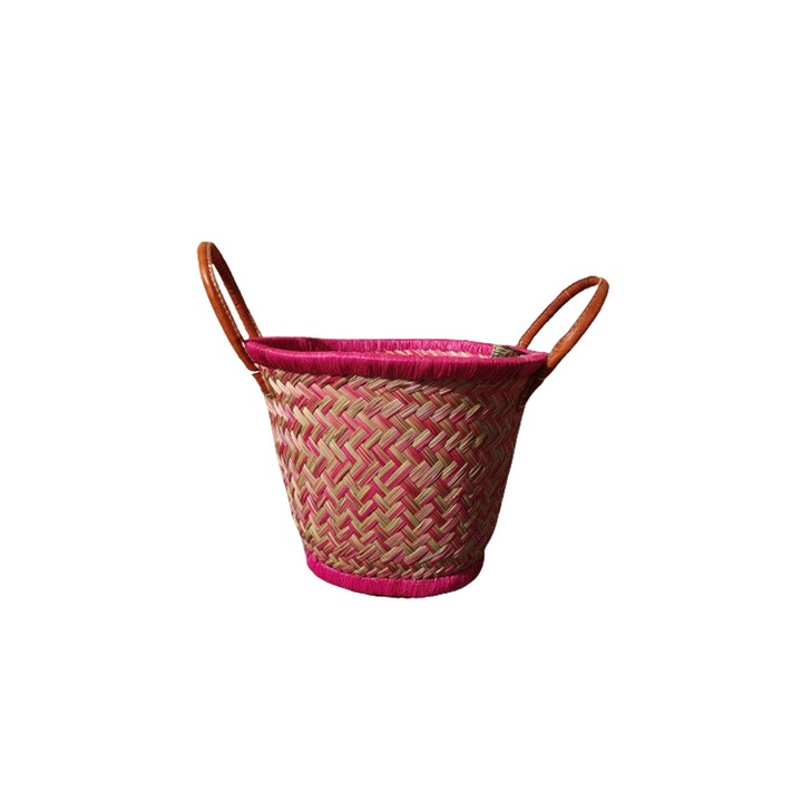 Cos rotund, roz/crem, din 100% fibre naturale si manere din piele, 29x22 cm