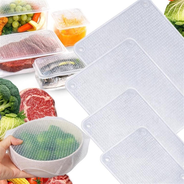 Set 4 Capace Flexibile din Silicon, Retoo, Reutilizabile, Elastice, Fara BPA, Diferite Dimensiuni - 9.5x9.5cm, 14x14cm si 19x19cm, Transparent