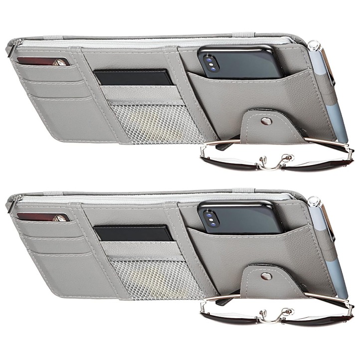 Set 2 organizator pentru parasolar auto, Lecheng®, cu buzunare multiple, Gri