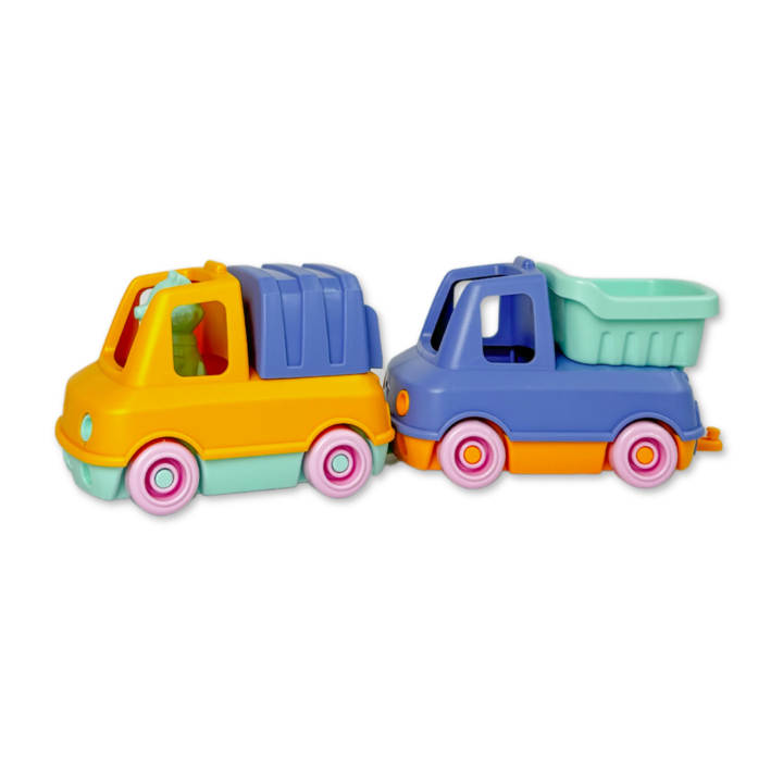 Set de Jucarii Le Jouet Simple, Camion de Pompieri si Masina de Gunoi, Multicolor, cu Figurine, din Plastic Reciclat