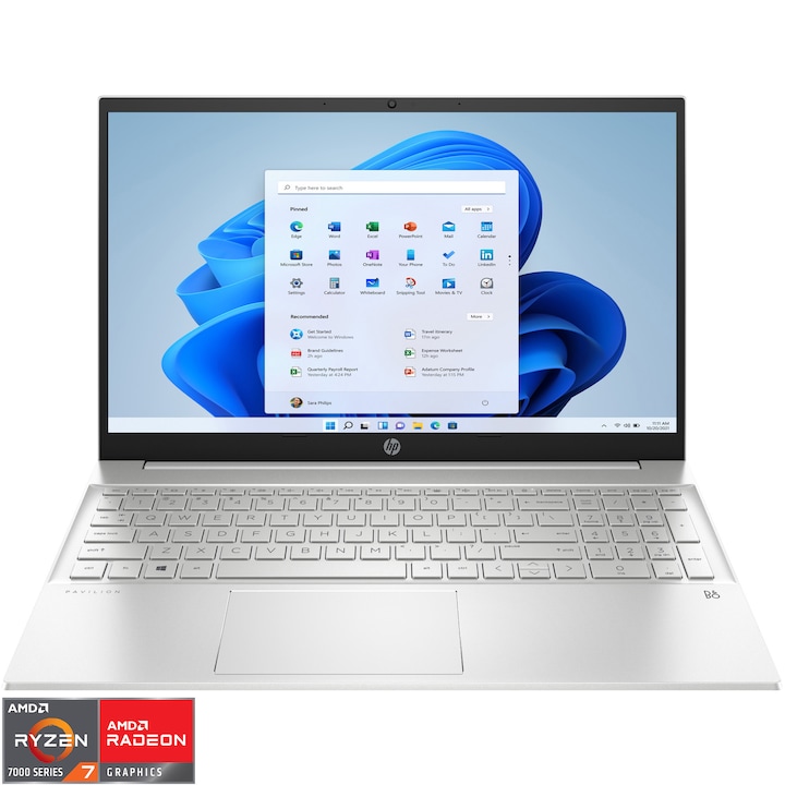 Laptop HP Pavilion 15-eh3020nq cu procesor AMD Ryzen™ 7 7730U pana la 4.5GHz, 15.6'', Full HD, 16GB DDR4, 512GB SSD, AMD Radeon™ Graphics, Windows 11 Home, Natural Silver