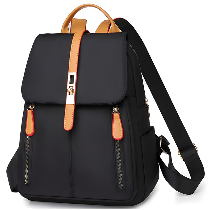 Елегантна двуцветна раница AZeira®, материал Oxford, двойно метално затваряне, златни метални аксесоари, множество джобове, многофункционална, всекидневно-елегантен стил, 32x26x12 см, черно с оранжево