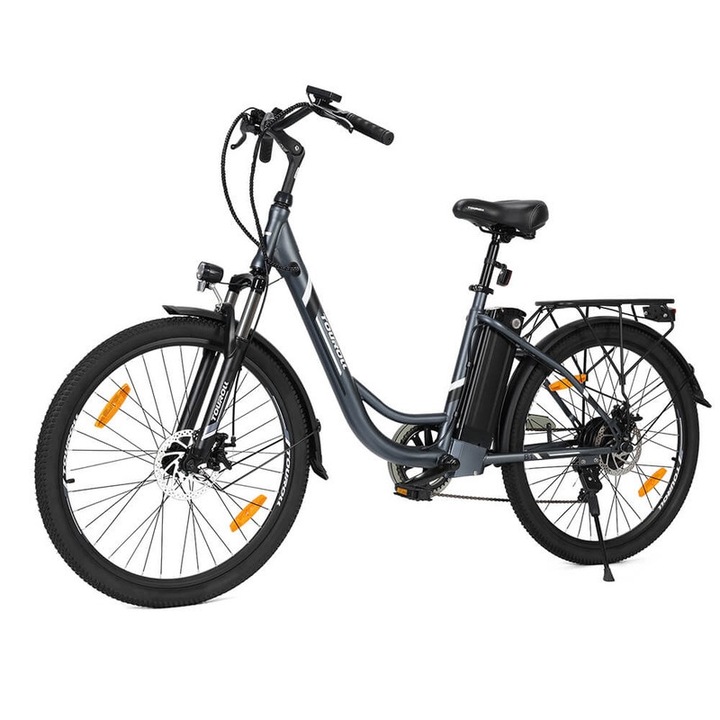 Városi elektromos kerékpár, Tourroll B1, 26"x1,95, 25 km/h, nagy hatótáv, 45 Nm nyomaték, 15,6 Ah akkumulátor, 7 sebességes Shimano váltó, IPX4, 5 fokozatú rásegítés és LED vezérlés, elektromos kerékpár ingázáshoz, városi elektromos kerékpár, szürke
