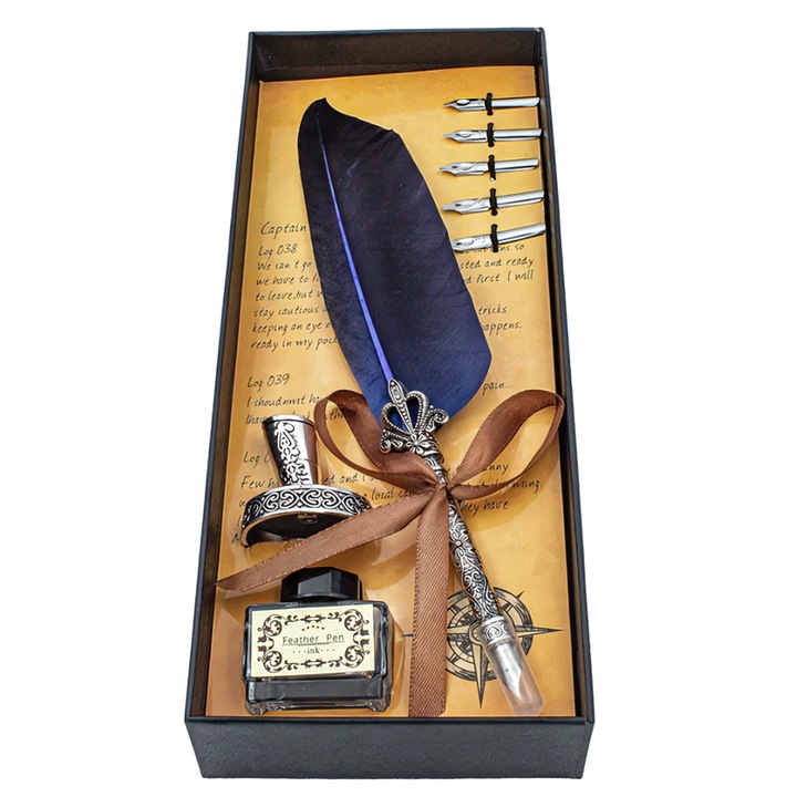 Stilou din pana de gasca Vintage, albastru JOZY®, set cu 5 penite, calimara si suport, ideal pentru caligrafie