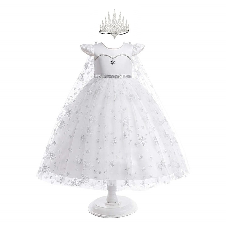 Costum serbare Craciun, Funny Party Team®, Craiasa Zapezii cu pelerina si coroana, alb, 7-8 ani