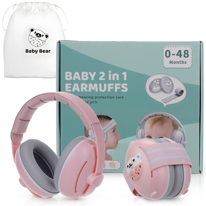 Casti Antifonice 2 in 1 pentru Copii si Bebelusi INTEXXA®, Model Nou Ursulet, Reglabile si Ergonomice, Foarte Usoare, Fara Presiune Pe Fontanele, Anti-alunecare, pentru Protectie Auzului, 2 Moduri de Utilizare Interschimbabile, Roz