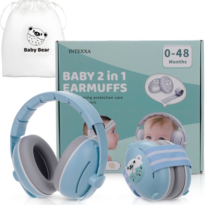 Casti Antifonice 2 in 1 pentru Bebelusi si Copii pana la 4 Ani, INTEXXA®, Model Nou Ursulet, Reglabile si Ergonomice, Foarte Usoare, Fara Presiune Pe Fontanele, Anti-alunecare, pentru Protectie Auzului, 2 Moduri de Utilizare Interschimbabile, Albastru