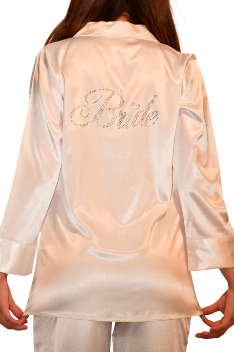 Pijama mireasa, StarFashion, din satin Premium, cu bluza cu maneca lunga si nasturi si pantaloni lungi, Alb