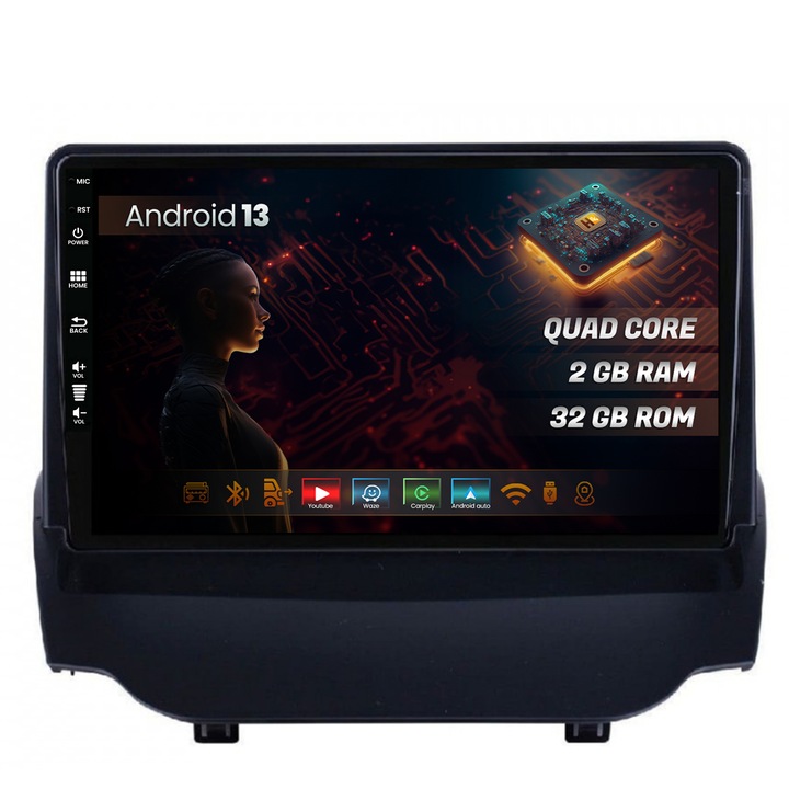 Navigáció HUB64 Ford EcoSport (2013-2016) 2GB RAM, Android 13, GPS, Wi-FI, Carplay, Android Auto, USB, Bluetooth, Rádió, Waze, Érintőképernyő, 9 hüvelyk