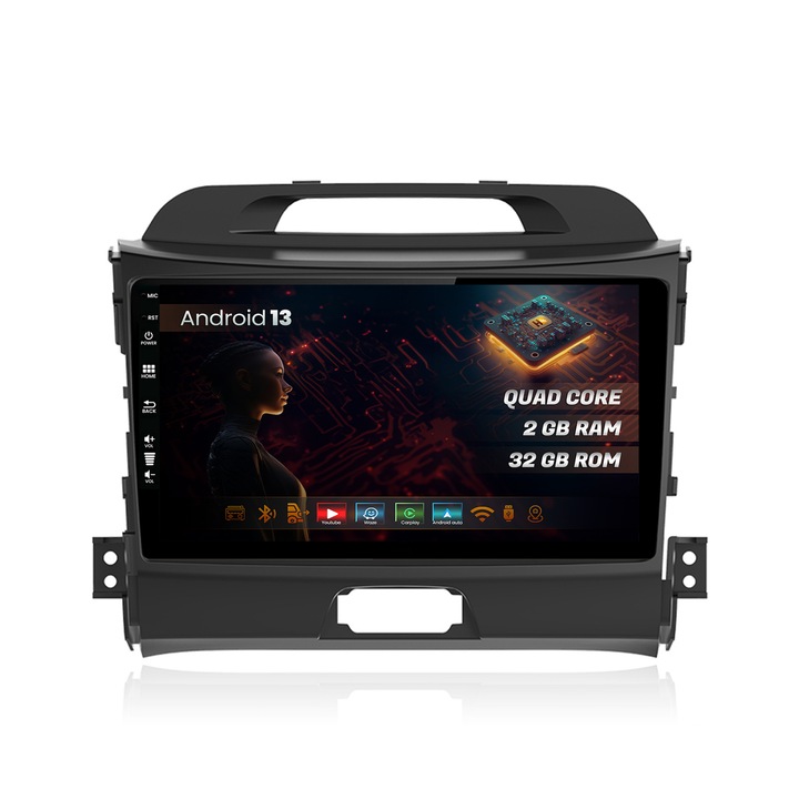 Navigatie HUB64 Kia Sportage (2010-2016), 2GB RAM, Android 13, GPS, Wi-FI, Carplay, Android Auto, USB, Bluetooth, Radio, Waze, Touchscreen, 9 inch