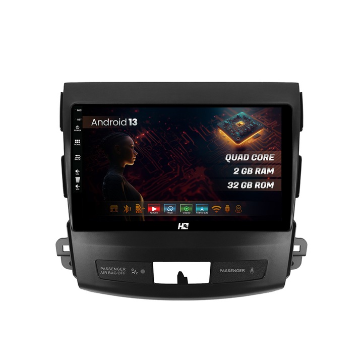 Navigáció HUB64 Mitsubishi Outlander, Peugeot 4007, Citroen C-Crosser, 2GB RAM, Android 13, GPS, Wi-Fi, Carplay, Android Auto, USB, Bluetooth, Rádió, Waze, Érintőképernyő, 9 hüvelyk