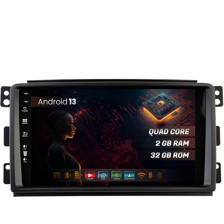 Navigatie HUB64 Smart For Two (2007-2010), 2GB RAM, Android 13, GPS, Wi-FI, Carplay, Android Auto, USB, Bluetooth, Radio, Waze, Touchscreen, 9 inch