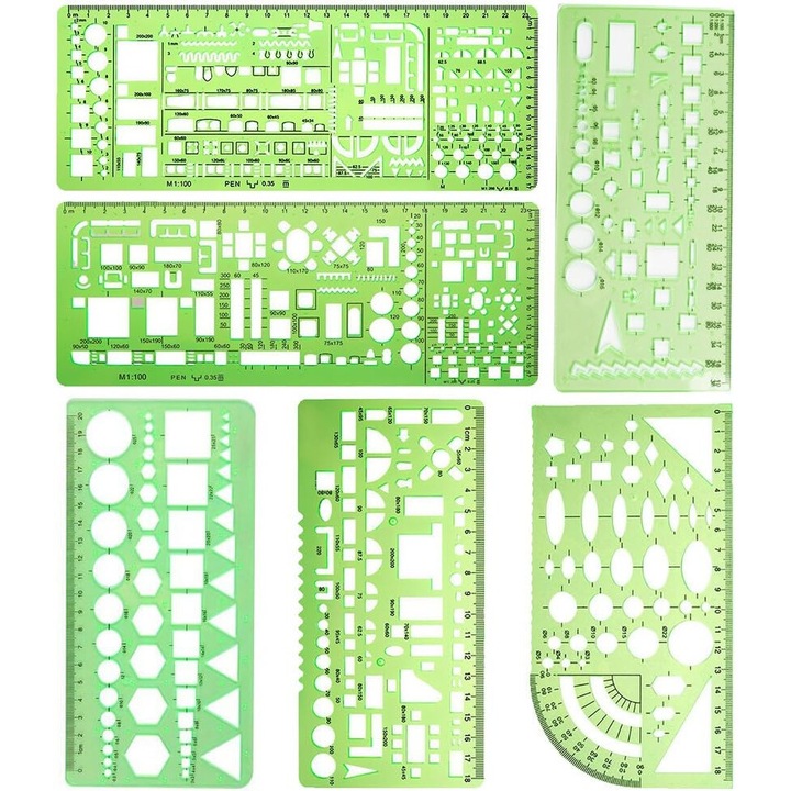Комплект инструменти за художествен дизайн Enforose, професионални пластмасови геометрични линийки, зелен, компактен