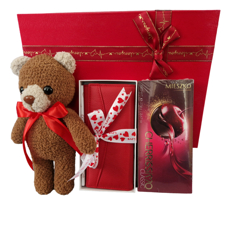 Pachet Cadou pentru doamne cu Tedy Bear handmade, portofel din piele naturala Red, bomboane de ciocolata, cutie decorativa