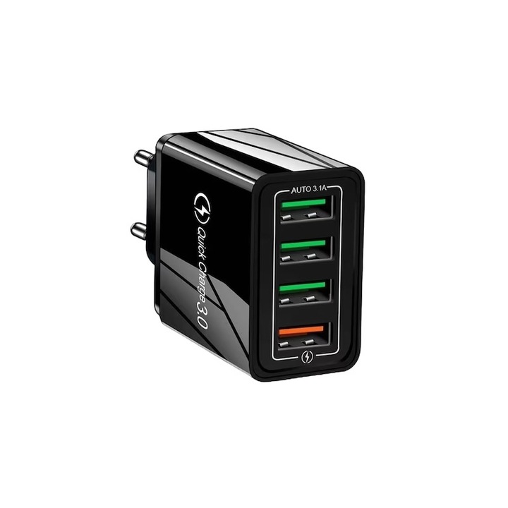 USB töltő 30w, Pyramid, hálózat, Qc3.0 5v 3A, 4 portok, fekete