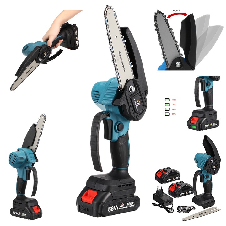 Fierastrau mini cu lant, Drillpro, 6'', Motor fara perii, 1500W, 1 Baterii, 88VF, 6500 mAh, 1 lanturi, 5M/S, taiere maxim 120 mm, contine: incarcator + 2 acumulatori, Albastru