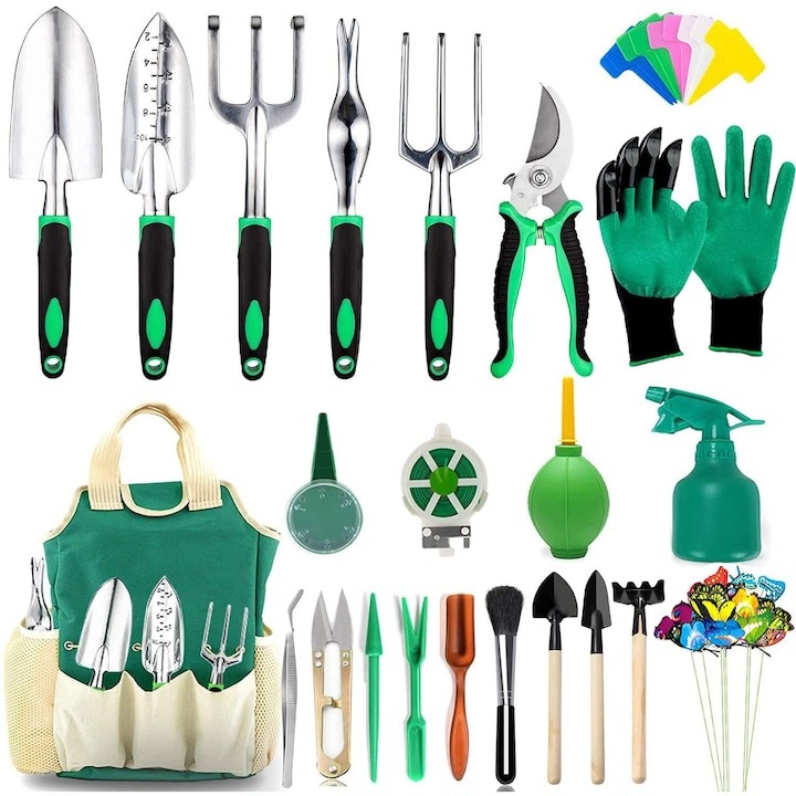 Set unelte gradinarit 82 piese, otel inoxidabil, manere cauciuc, geanta inclusa, cultivator, grebla, foarfece, vrabie, plivitor, etichete, WALALLA, Verde multicolor