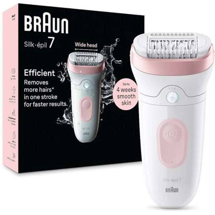Epilator Braun Silk-Épil 7 Pentru Femei, Dispozitiv Indepartare Par Lunga Durata, Piele Catifelata Si Matasoasa, Umed/Uscat, Fabricat In Germania, 7-000 Alb/Roz