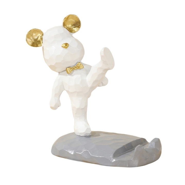 Suport telefon in forma de urs, decorativ, rezistent la alunecare, rasina, alb